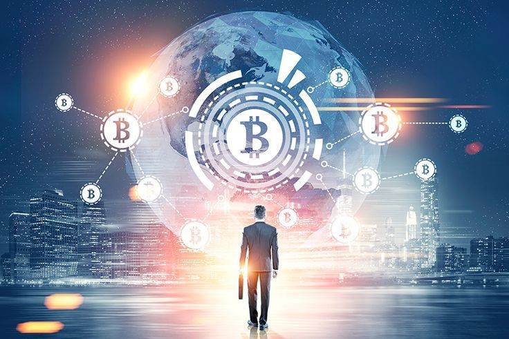 Businessman facing a digital representation of Bitcoin, with the Earth and cityscape in the background.